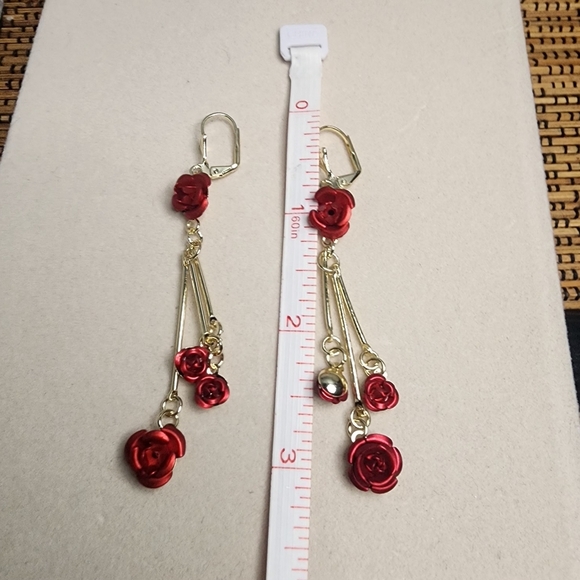 Gold with Red Rose Flowers Dangle Earrings - Picture 7 of 7